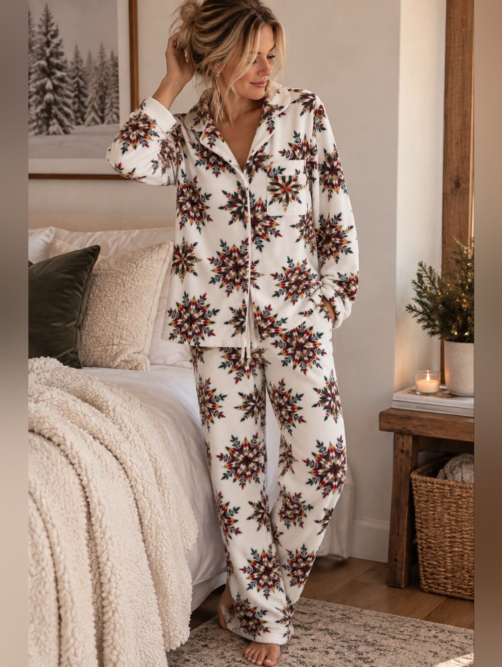 La Vie en Rose Womenโs Holiday Fleece Pajama Set Ivory Multicolor Size M